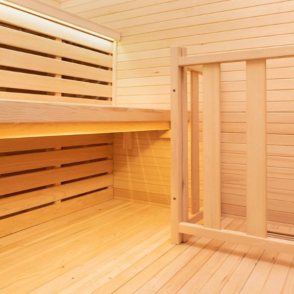 Le sauna vapeur Poolstar SENSE angulaire : épicéa du Canada et poêle Harvia pour une détente authentique