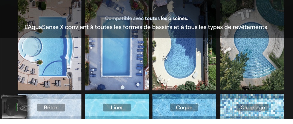Cinq zones de nettoyage couvertes : fond, parois, ligne d'eau, surface et plateformes