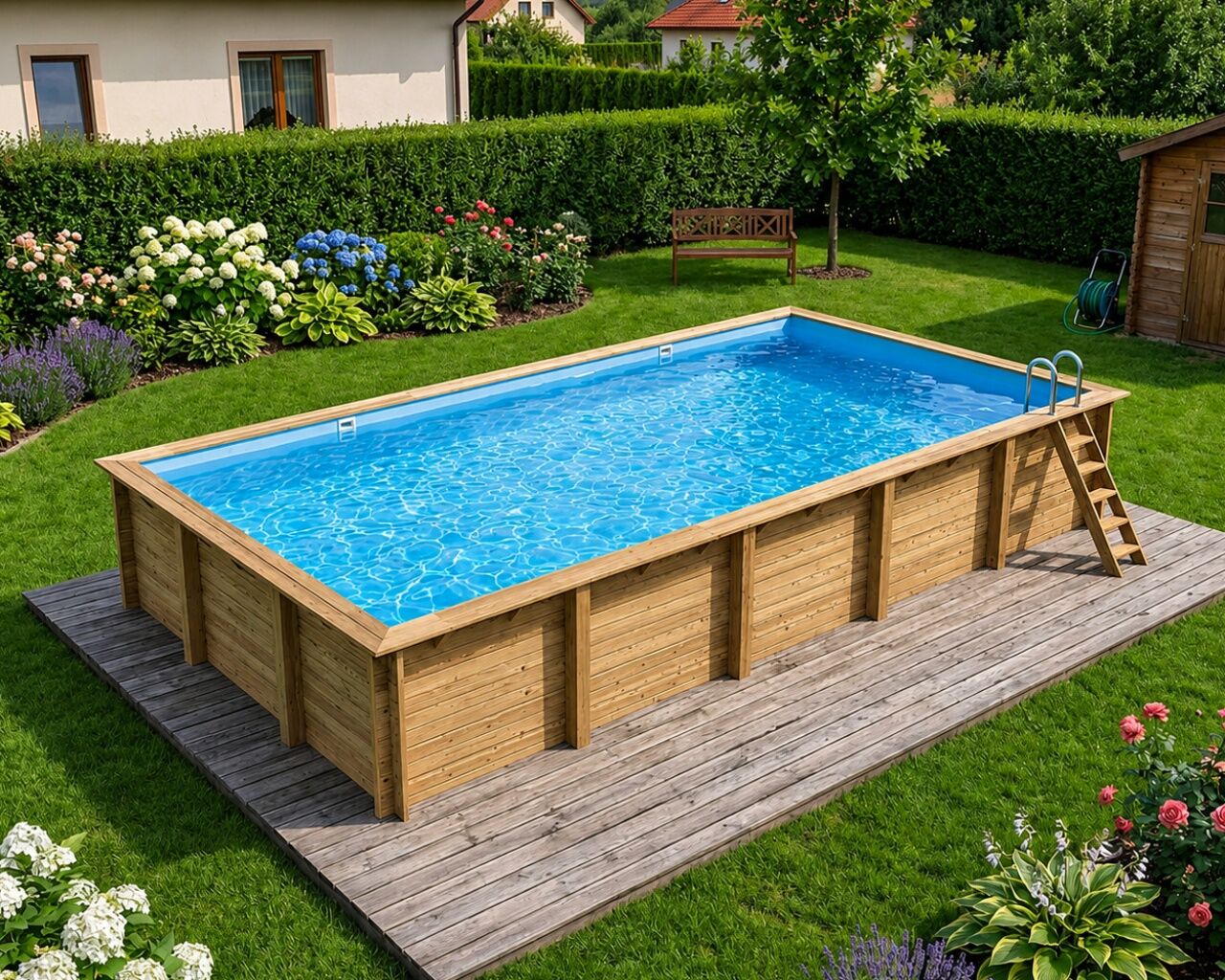 Piscine bois Altanka AQUA rectangulaire 10,2 x 5,2 m H. 1,45 m liner bleu, ancrage beton