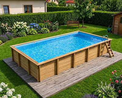 Piscine bois Altanka AQUA rectangulaire 10,2 x 5,2 m H. 1,45 m liner bleu, ancrage béton