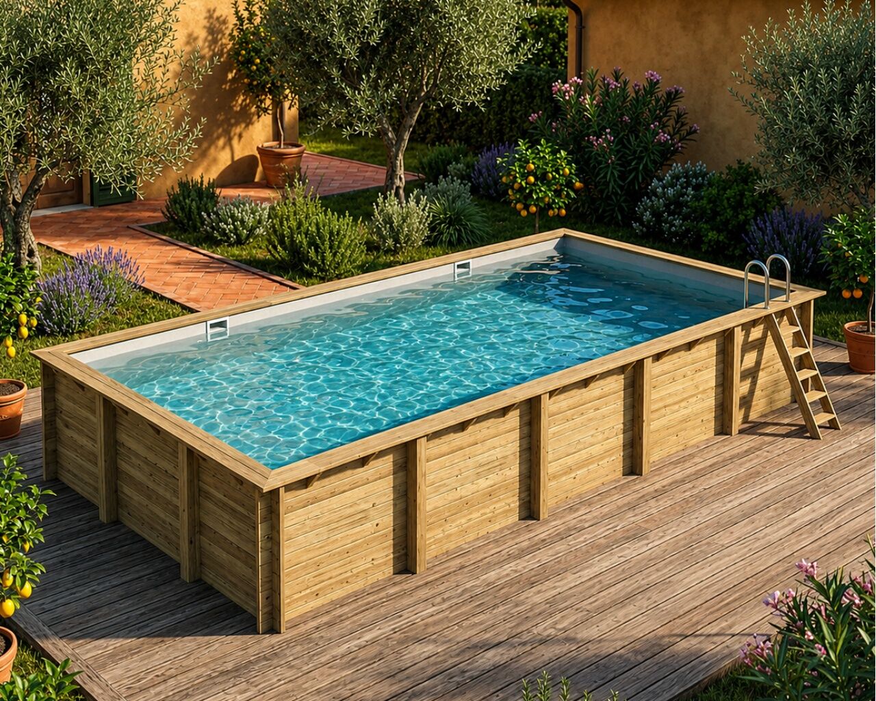Piscine bois Altanka AQUA rectangulaire 10,2 x 5,2 m H. 1,45 m liner gris, ancrage beton