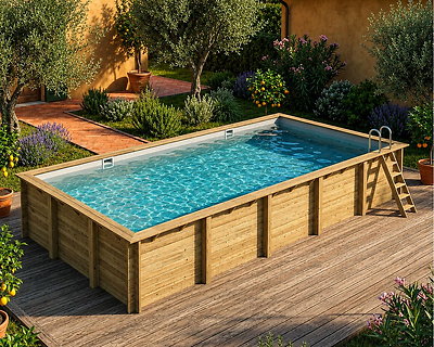 Piscine bois Altanka AQUA rectangulaire 10,2 x 5,2 m H. 1,45 m liner gris, ancrage béton
