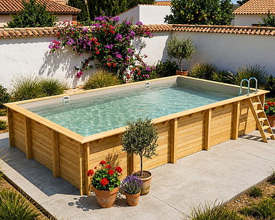 Piscine bois Altanka AQUA rectangulaire 10,2 x 5,2 m H. 1,45 m liner sable, ancrage béton