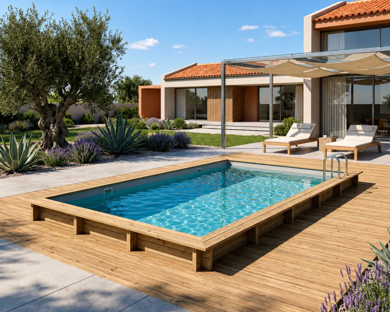 Piscine bois Altanka AQUA rectangulaire 10,2 x 5,2 x 1,45 m liner gris, pose sur dalle