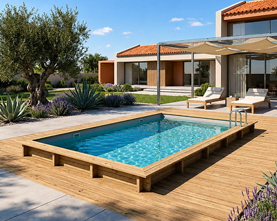 Piscine bois Altanka AQUA rectangulaire 10,2 x 5,2 x 1,45 m liner gris, pose sur dalle