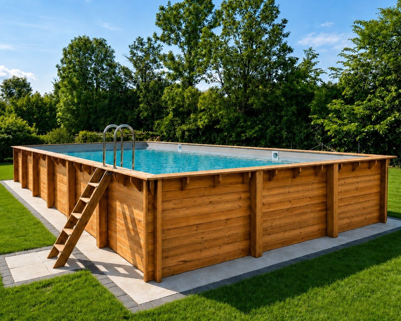 Piscine bois Altanka AQUA rectangulaire 10,2 x 5,2 x 1,45 m liner sable, pose sur dalle