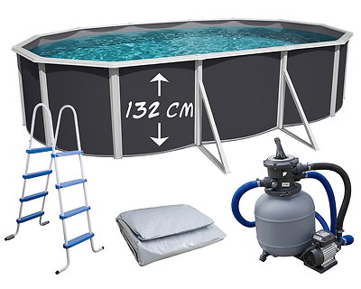 Bonne Affaire - Piscine hors-sol acier TOI ANTHRACITE MAGNUM COMPACT ovale 640x366 H 132cm line gris